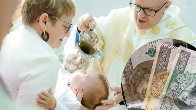 Chrzest dziecka z polskimi banknotami w tle.