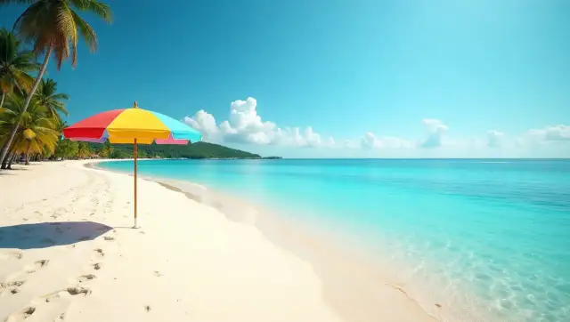 Rajska plaża z palmami i kolorowym parasolem. Idealne miejsce na wakacje, kiedy Dominikana jest najtaniej.