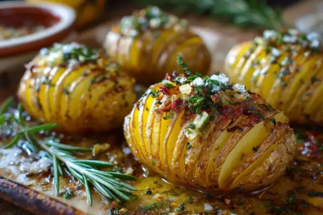 Pieczone ziemniaki Hasselback z ziołami i przyprawami, podane na blasze.