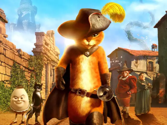 Kot w butach, z piórem w kapeluszu, stoi dumnie obok Jajka i czarnego kota. W tle baśń o kocie w butach ożywa.