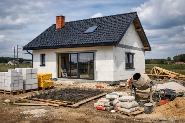 Budowa domu w toku: bloczki, cement, zbrojenie i betoniarka. Zastanawiasz się, ile kosztuje metr kwadratowy budowy domu?