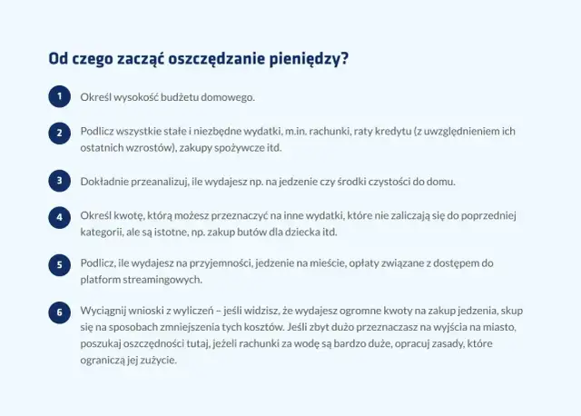 Lista kroków, jak zacząć oszczędzać pieniądze: budżet, stałe wydatki, analiza bieżących kosztów, wyznaczanie kwot na inne potrzeby, przyjemności i wnioski.