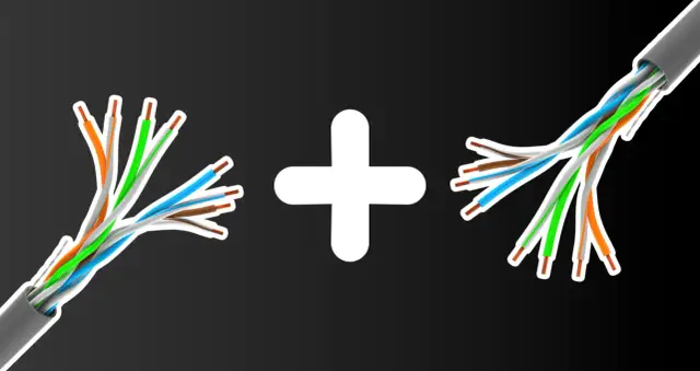 Dwa rozplecione kable sieciowe, zgodne ze standardem rj45, połączone białym znakiem plus.