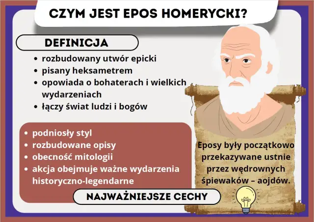 Heksametr co to? Eposy to rozbudowane utwory epickie, pisane podniosłym stylem, opowiadające o bohaterach i ważnych wydarzeniach. Łączą świat ludzi i bogów.