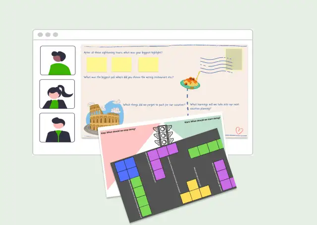 Ilustracja przedstawia szablony retrospektywne z pytaniami i kolorowymi polami, nawiązujące do pracy zespołowej i planowania.
