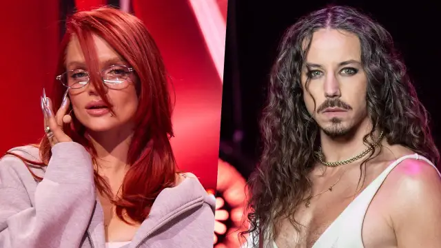 Dwa ujęcia: kobieta z rudymi włosami i w okularach, mężczyzna z długimi włosami. Czy to oni będą jurorami The Voice of Poland 2025?