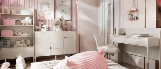 Uroczy, lawendowy pokój dla dziewczynki z motywami zwierząt i jednorożców.