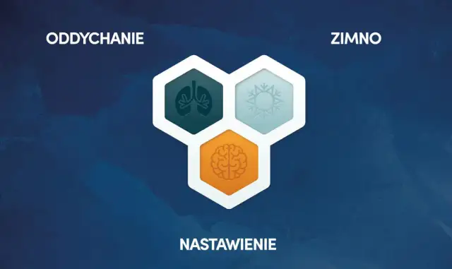 Grafika przedstawia kluczowe elementy metody Wima Hofa: oddychanie, zimno i nastawienie. Ikony płuc, płatka śniegu i mózgu symbolizują te aspekty.