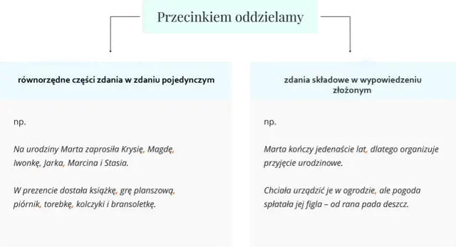 Przecinkiem oddzielamy równorzędne części zdania, np. Krysię, Magdę, Iwonkę. W zdaniu złożonym przecinek oddziela zdania składowe, np. kończy jedenaście lat, dlatego organizuje.