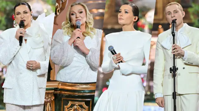 Artyści w białych strojach na scenie. Czy to świąteczne wydanie "Jaka to melodia"?