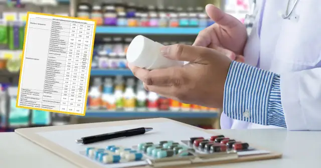 Lekarz trzymający białą butelkę leku na tle apteki, obok lista leków.