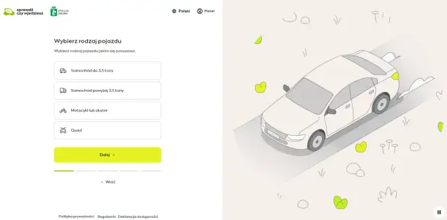 Wybierz pojazd, by sprawdzić zasady wjazdu do stref czystego transportu. Dostępne opcje: samochód do 3,5t, powyżej 3,5t, motocykl, skuter, quad.