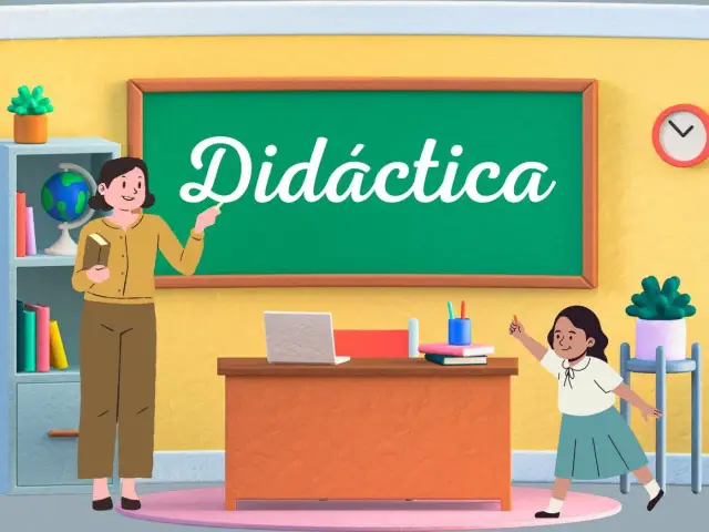 Maestra y alumna en un aula con la palabra "Didáctica" escrita en el pizarrón.