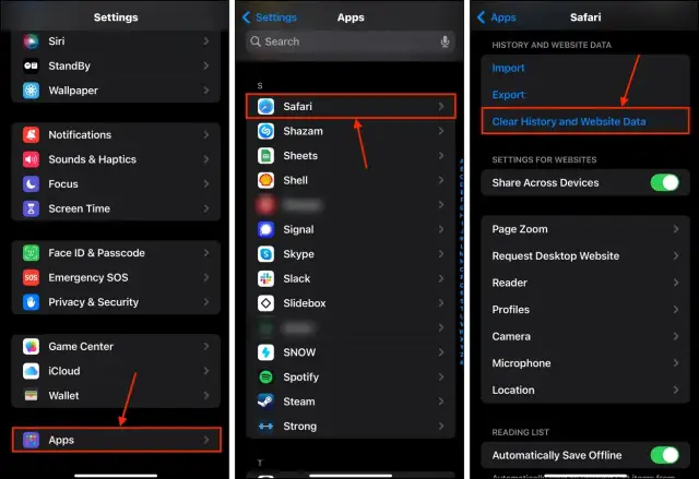 Czyszczenie iPhone ze śmieci: w Ustawieniach przejdź do Aplikacje, wybierz Safari, a następnie "Wyczyść historię i dane witryn".