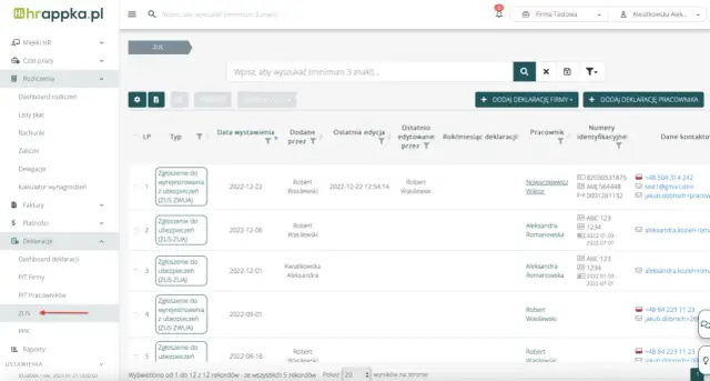 ZUS: lista zgłoszeń do ubezpieczeń i rejestracji. Wyniki rekrutacji pracowników widoczne w tabeli.