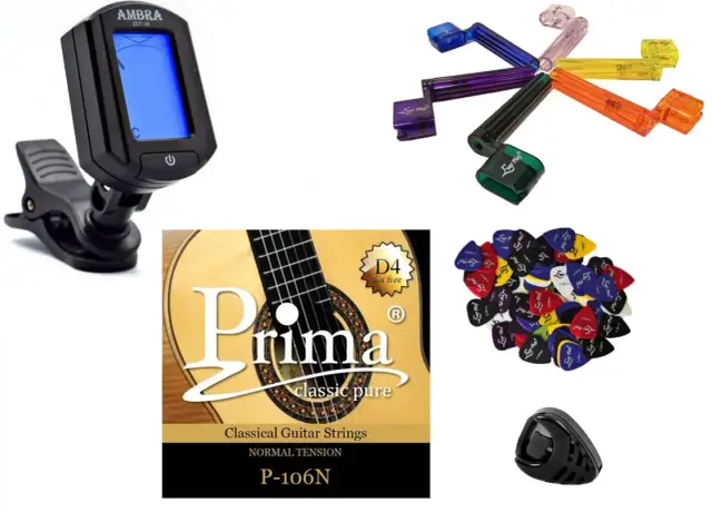 Stroik, kostki, klucz do naciągania strun i opakowanie strun do gitary klasycznej.