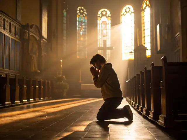 Mężczyzna klęczy w kościele, modląc się. Promienie słońca przechodzą przez witraże, tworząc atmosferę nadziei. To może być modlitwa alkoholika, wiersz o walce i wierze.
