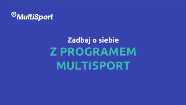 Logo MultiSport i tekst "Zadbaj o siebie z programem MultiSport" na granatowym tle.