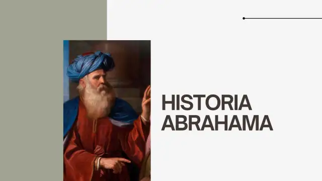 Obraz przedstawia Abrahama w niebieskim turbanie i czerwonej szacie. Tekst "HISTORIA ABRAHAMA" sugeruje streszczenie jego życia.