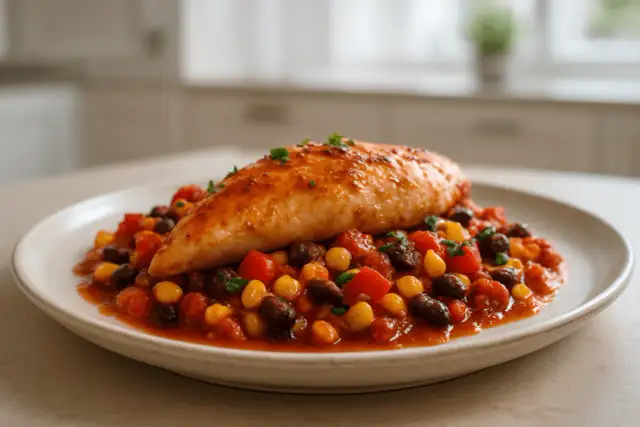 Aksamitny kurczak po meksykańsku z fasolą, kukurydzą i pomidorami, posypany świeżą natką pietruszki.