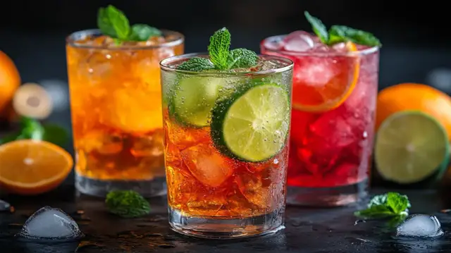 Trzy kolorowe drinki z lodem, miętą i owocami cytrusowymi na ciemnym tle.