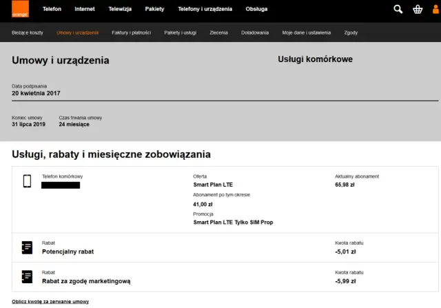 Szczegóły umowy Orange: telefon komórkowy, abonament, rabaty i zobowiązania.