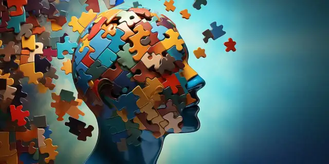 Głowa złożona z kolorowych puzzli, niektóre odpadają, tworząc mętlik w głowie.