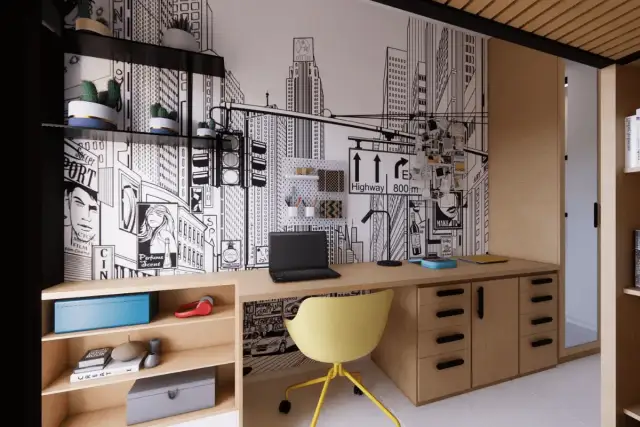Nowoczesny pokój 20 latka z muralem miasta, biurkiem, żółtym krzesłem i regałami.