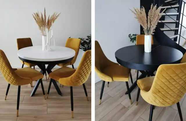 Dwa okrągłe stoły z żółtymi krzesłami, jeden biały, drugi czarny.