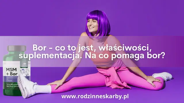 Kobieta w fioletowej peruce i różowym stroju ćwiczy, obok butelka suplementu MSM + Bor. Dowiedz się o suplementacji boru.