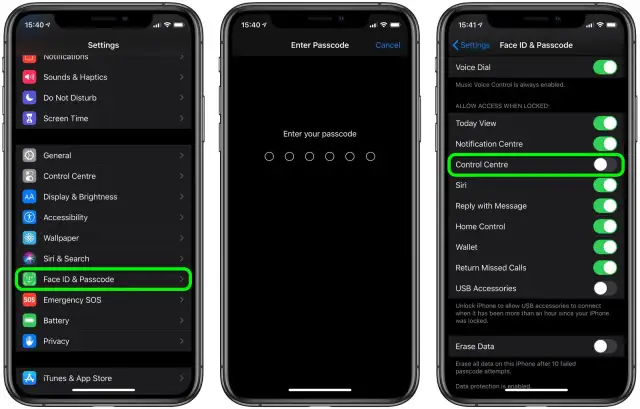 Trzy ekrany iPhone'a pokazujące ustawienia Face ID i Passcode, z podświetlonym Centrum sterowania.