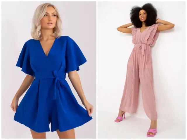 Dwie kobiety w kombinezonach. Czy kombinezon pasuje dla puszystych? Różowy kombinezon z falbankami i niebieski kombinezon z rozkloszowanymi rękawami.