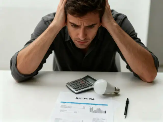 Zmartwiony mężczyzna z rachunkiem za prąd, kalkulatorem i żarówką.