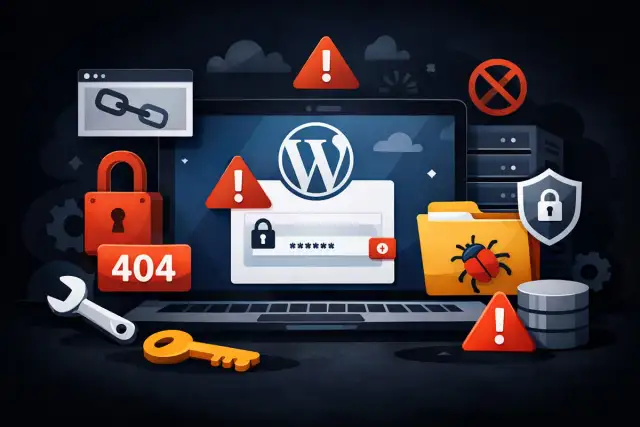 Ilustracja pokazuje laptop z ikonami błędów, kłódkami i kluczem, sugerując jak zresetować przeglądarkę po problemach z bezpieczeństwem.