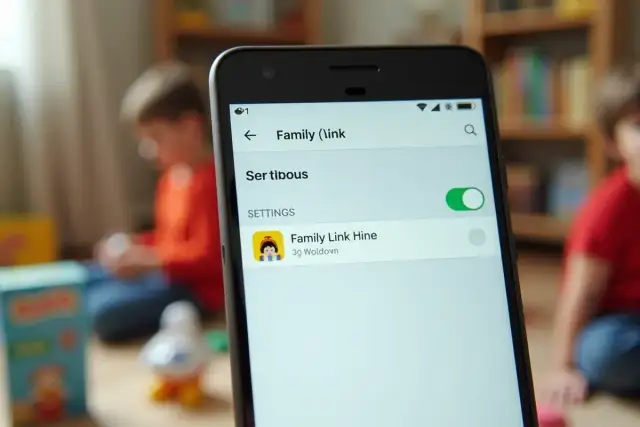 Ekran telefonu z aplikacją Family Link. Widoczna opcja "Ser tibous" i "Family Link Hine". W tle dzieci. Jak odinstalować Family Link?