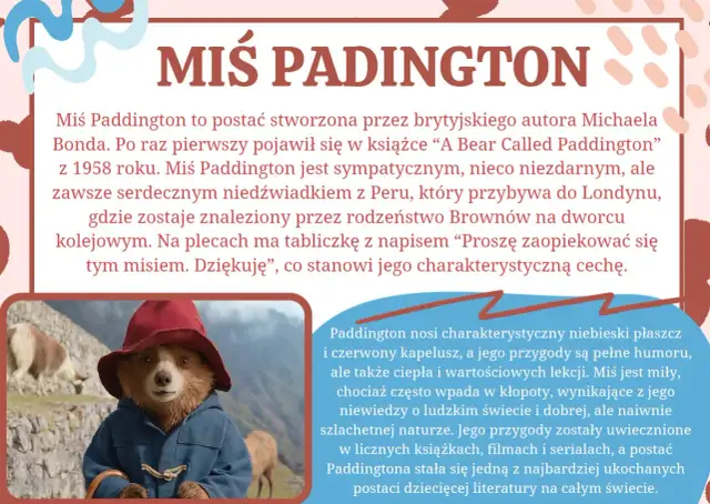 Miś Paddington w czerwonym kapeluszu i niebieskim płaszczu, z tabliczką na szyi.