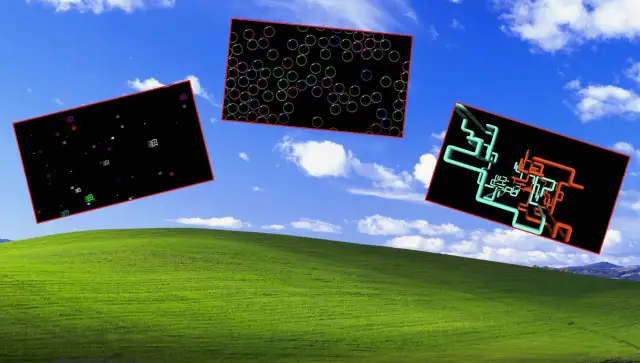 Trzy czarne prostokąty unoszą się nad zielonym wzgórzem, przypominając wygaszacz ekranu Windows 11. Jeden zawiera kolorowe bańki, drugi ikony, a trzeci abstrakcyjne, kolorowe rury.