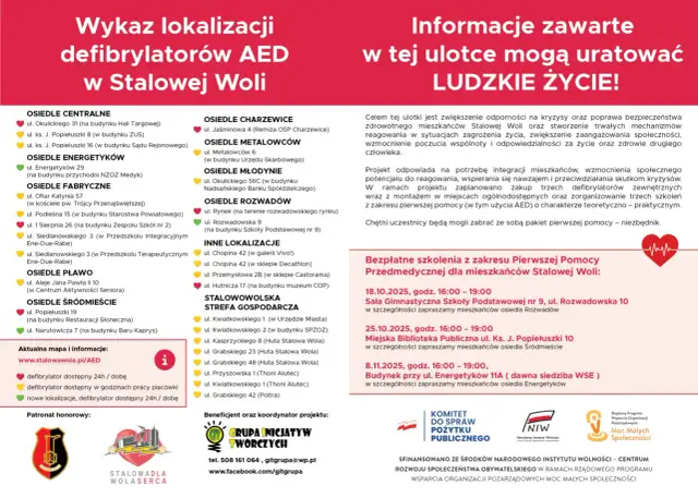 Grafika przedstawia schemat lokalizacji defibrylatorów AED w Stalowej Woli z ikonami serca i tekstem informacyjnym.