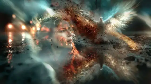 Kobieta wpatrzona w niebo, gdzie biały gołąb symbolizuje modlitwę do Ducha Świętego, rozpadając się w świetlisty pył.