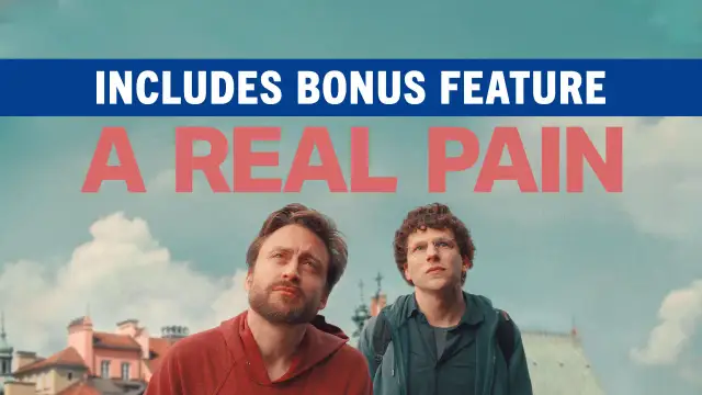 Dwóch mężczyzn patrzy w górę, nad nimi napis "A REAL PAIN".