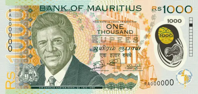 Banknot 1000 rupii z Mauritiusa, przedstawiający Sir Charles Gaëtan Duval. Jaka waluta na Mauritiusie? Rupia.