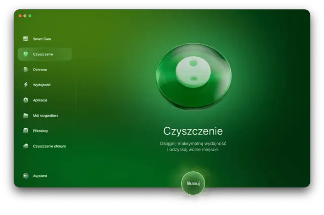 Interfejs programu do czyszczenia komputera. Opcja "Czyszczenie" jest podświetlona, sugerując usuwanie zbędnych plików, w tym pamięci podręcznej aplikacji.