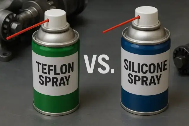 Smar PTFE do czego? Dwa spraye: zielony z napisem "Teflon Spray" i niebieski "Silicone Spray", porównanie zastosowań.