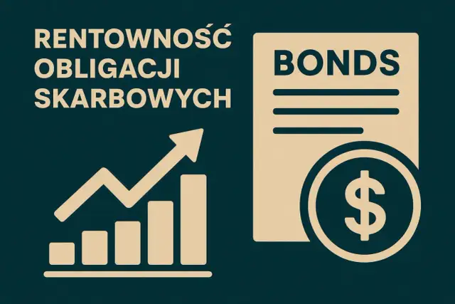 Wykres wzrostu i dokument z napisem "BONDS" oraz symbolem dolara. Ilustracja wyjaśnia, co to jest rentowność obligacji skarbowych.
