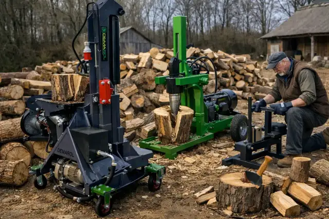 Dwie łuparki do drewna do ciągnika, jedna czarna, druga zielona, pracują w otoczeniu stosów drewna.