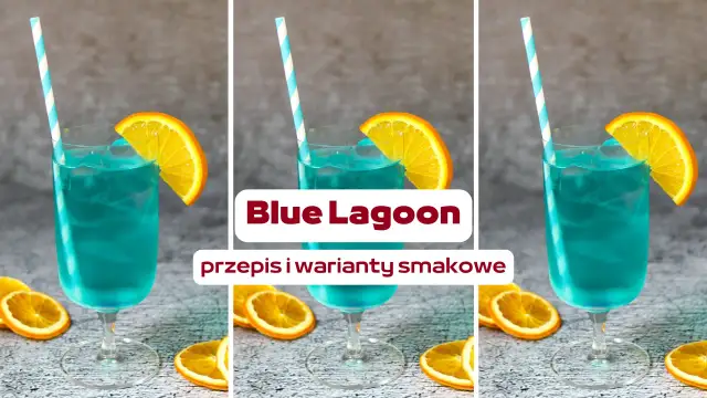 Trzy identyczne drinki Blue Lagoon z plasterkiem pomarańczy i niebieską słomką, otoczone plasterkami pomarańczy.