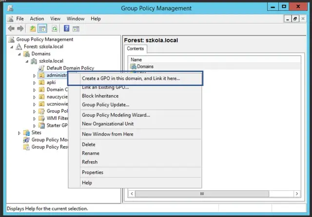 Zarządzanie zasadami grupy w Windows. Menu kontekstowe oferuje opcję "Utwórz GPO w tej domenie i połącz ją tutaj...", co pozwala na zarządzanie politykami.
