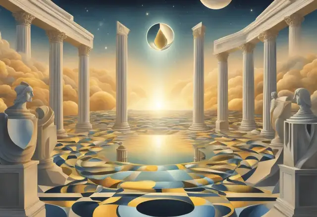 Surrealny topos: antyczne kolumny, falujące geometryczne wzory, niebo z księżycem i złotą łzą.