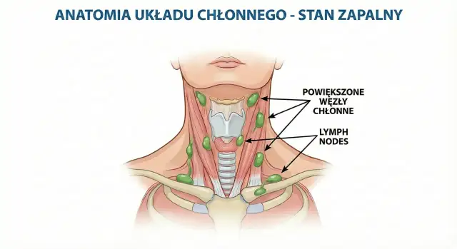 Anatomia układu chłonnego - stan zapalny. Widoczne powiększone węzły chłonne na szyi.