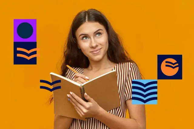 Młoda kobieta z zeszytem i długopisem, otoczona geometrycznymi kształtami.